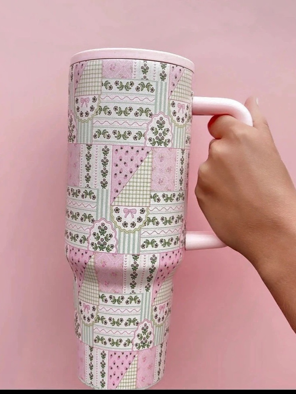 Rock Paper Scissors Pink Patchwork Floral Tumbler with Handle – Brand New